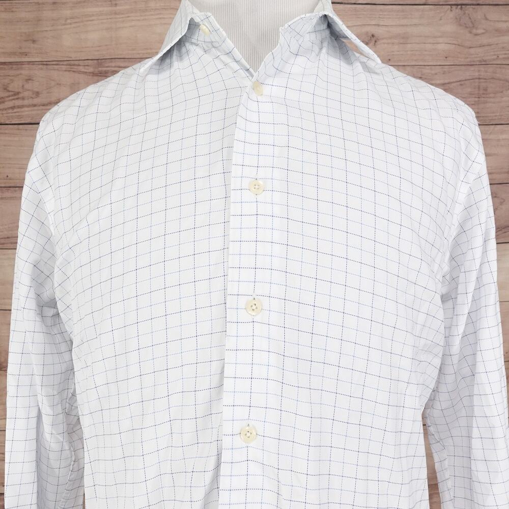 David Donahue Shirt Mens 16 36/37 White Blue Check‎ Dress Button Up